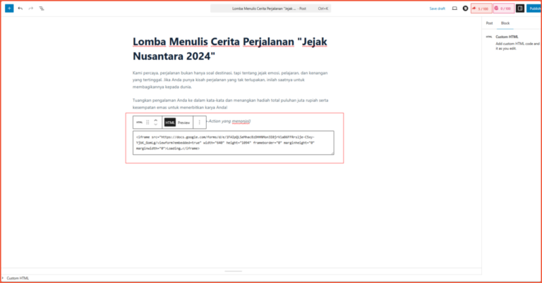 Embedding the Google Form in WordPress
