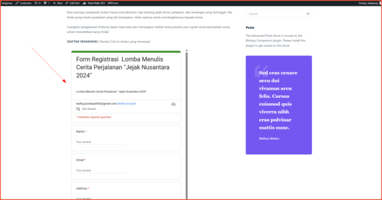 Embedding the Google Form in WordPress 2