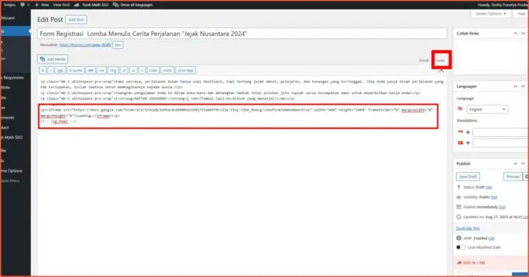 Embedding the Google Form in WordPress